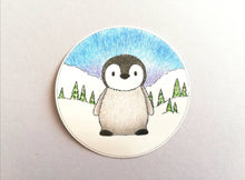 Load image into Gallery viewer, Penguin chick in the snow vinyl sticker, cute penguin decal