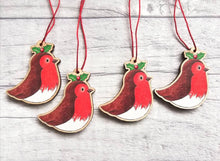 Load image into Gallery viewer, Robin mini decoration. Little wooden robin and holly small Christmas ornament, eco friendly ethically sourced wood