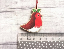 Load image into Gallery viewer, Robin mini decoration. Little wooden robin and holly small Christmas ornament, eco friendly ethically sourced wood