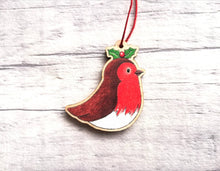 Load image into Gallery viewer, Robin mini decoration. Little wooden robin and holly small Christmas ornament, eco friendly ethically sourced wood