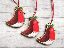 Load image into Gallery viewer, Robin mini decoration. Little wooden robin and holly small Christmas ornament, eco friendly ethically sourced wood