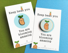 Load image into Gallery viewer, Positive magnet gift, mini wooden bean fridge magnet. Made from ethically sourced wood. Friendship, thank you, supportive gift