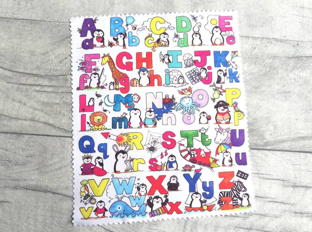 Penguin alphabet glasses, screen cleaner, fun penguin lens cloth, cute children's screen wipe, fabric screen wipe