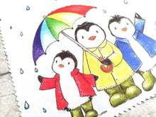 Load image into Gallery viewer, Rainbow penguin glasses, screen cleaner, penguins in the rain lens cloth, cute screen wipe, rainbow umbrella fabric screen wipe