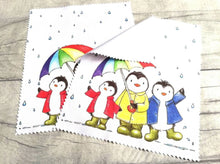 Load image into Gallery viewer, Rainbow penguin glasses, screen cleaner, penguins in the rain lens cloth, cute screen wipe, rainbow umbrella fabric screen wipe