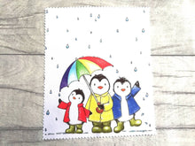 Load image into Gallery viewer, Rainbow penguin glasses, screen cleaner, penguins in the rain lens cloth, cute screen wipe, rainbow umbrella fabric screen wipe