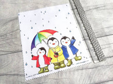 Load image into Gallery viewer, Rainbow penguin glasses, screen cleaner, penguins in the rain lens cloth, cute screen wipe, rainbow umbrella fabric screen wipe