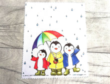 Load image into Gallery viewer, Rainbow penguin glasses, screen cleaner, penguins in the rain lens cloth, cute screen wipe, rainbow umbrella fabric screen wipe
