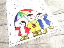Load image into Gallery viewer, Rainbow penguin glasses, screen cleaner, penguins in the rain lens cloth, cute screen wipe, rainbow umbrella fabric screen wipe
