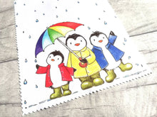 Load image into Gallery viewer, Rainbow penguin glasses, screen cleaner, penguins in the rain lens cloth, cute screen wipe, rainbow umbrella fabric screen wipe