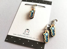 Load image into Gallery viewer, Seahorse stitch marker, mini blue seahorse wooden charm, ethically sourced wood, little crochet stitch marker
