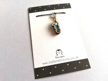 Load image into Gallery viewer, Seahorse stitch marker, mini blue seahorse wooden charm, ethically sourced wood, little crochet stitch marker