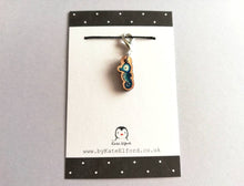Load image into Gallery viewer, Seahorse stitch marker, mini blue seahorse wooden charm, ethically sourced wood, little crochet stitch marker
