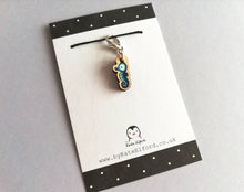 Load image into Gallery viewer, Seahorse stitch marker, mini blue seahorse wooden charm, ethically sourced wood, little crochet stitch marker