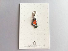 Load image into Gallery viewer, Robin stitch marker, mini bird enamel charm, when a robin appears, choice of backing cards