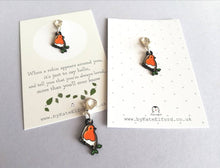 Load image into Gallery viewer, Robin stitch marker, mini bird enamel charm, when a robin appears, choice of backing cards