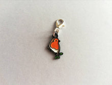 Load image into Gallery viewer, Robin stitch marker, mini bird enamel charm, when a robin appears, choice of backing cards