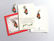 Load image into Gallery viewer, Robin stitch marker, mini bird enamel charm, when a robin appears, choice of backing cards