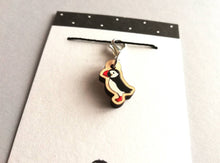 Load image into Gallery viewer, Puffin stitch marker, mini bird wooden charm, ethically sourced wood, little puffin crochet stitch marker