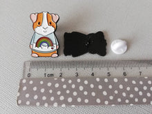 Load image into Gallery viewer, Rainbow guinea pig enamel pin, piggy brooch. Pastel blue sky, cloud, rainbow and heart pin. Cavy pin
