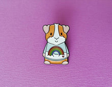 Load image into Gallery viewer, Rainbow guinea pig enamel pin, piggy brooch. Pastel blue sky, cloud, rainbow and heart pin. Cavy pin