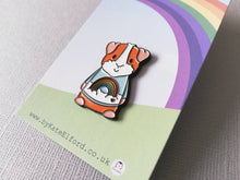 Load image into Gallery viewer, Rainbow guinea pig enamel pin, piggy brooch. Pastel blue sky, cloud, rainbow and heart pin. Cavy pin