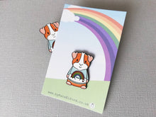 Load image into Gallery viewer, Rainbow guinea pig enamel pin, piggy brooch. Pastel blue sky, cloud, rainbow and heart pin. Cavy pin