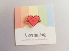 Load image into Gallery viewer, A love and hug mini magnet, cute positive heart, tiny fridge magnet, friendship, postable hug and love, supportive, care, recycled acrylic