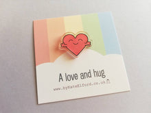 Load image into Gallery viewer, A love and hug mini magnet, cute positive heart, tiny fridge magnet, friendship, postable hug and love, supportive, care, recycled acrylic