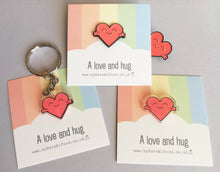 Load image into Gallery viewer, A love and hug mini magnet, cute positive heart, tiny fridge magnet, friendship, postable hug and love, supportive, care, recycled acrylic