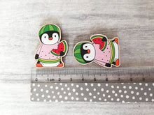 Load image into Gallery viewer, Penguin you are one in a melon magnet, little positive penguin wooden fridge magnet. Funny thank you gift, watermelon magnet