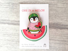 Load image into Gallery viewer, Penguin you are one in a melon magnet, little positive penguin wooden fridge magnet. Funny thank you gift, watermelon magnet