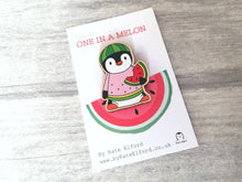 Load image into Gallery viewer, Penguin you are one in a melon magnet, little positive penguin wooden fridge magnet. Funny thank you gift, watermelon magnet