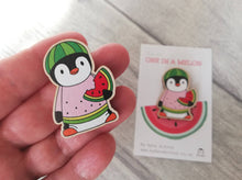 Load image into Gallery viewer, Penguin you are one in a melon magnet, little positive penguin wooden fridge magnet. Funny thank you gift, watermelon magnet