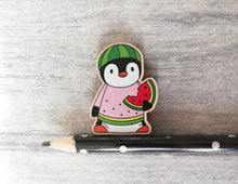 Load image into Gallery viewer, Penguin you are one in a melon magnet, little positive penguin wooden fridge magnet. Funny thank you gift, watermelon magnet