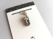 Load image into Gallery viewer, Seahorse stitch marker, mini blue seahorse wooden charm, ethically sourced wood, little crochet stitch marker