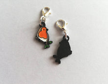 Load image into Gallery viewer, Robin stitch marker, mini bird enamel charm, when a robin appears, choice of backing cards