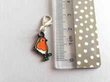 Load image into Gallery viewer, Robin stitch marker, mini bird enamel charm, when a robin appears, choice of backing cards