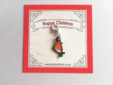 Load image into Gallery viewer, Robin stitch marker, mini bird enamel charm, when a robin appears, choice of backing cards