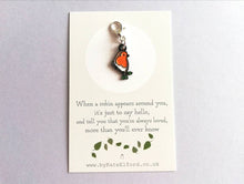 Load image into Gallery viewer, Robin stitch marker, mini bird enamel charm, when a robin appears, choice of backing cards