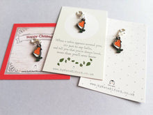 Load image into Gallery viewer, Robin stitch marker, mini bird enamel charm, when a robin appears, choice of backing cards