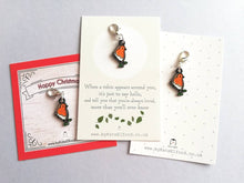 Load image into Gallery viewer, Robin stitch marker, mini bird enamel charm, when a robin appears, choice of backing cards