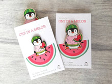Load image into Gallery viewer, Penguin you are one in a melon magnet, little positive penguin wooden fridge magnet. Funny thank you gift, watermelon magnet
