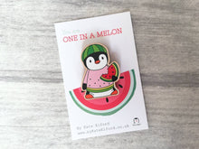 Load image into Gallery viewer, Penguin you are one in a melon magnet, little positive penguin wooden fridge magnet. Funny thank you gift, watermelon magnet