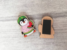Load image into Gallery viewer, Penguin you are one in a melon magnet, little positive penguin wooden fridge magnet. Funny thank you gift, watermelon magnet