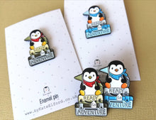 Load image into Gallery viewer, Penguin adventure enamel pin, ready for adventure, uni, hiking, life, travel, journey, new job, new home, college, University
