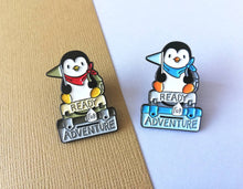 Load image into Gallery viewer, Seconds - Penguin adventure enamel pin, ready for adventure, uni, hiking, life, travel, journey, new job, new home, college, University