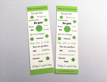 Load image into Gallery viewer, Pea of positivity bookmark, happy page marker, positive bookmark gift, positive book lover, friendship, supportive, positive gift, cheer up
