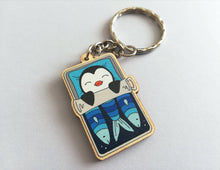 Load image into Gallery viewer, Penguin keyring, sleeping penguin sardine tin, lightweight wooden key fob, ethically sourced wood, penguin key chain, cute bag charm