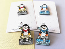 Load image into Gallery viewer, Seconds - Penguin adventure enamel pin, ready for adventure, uni, hiking, life, travel, journey, new job, new home, college, University